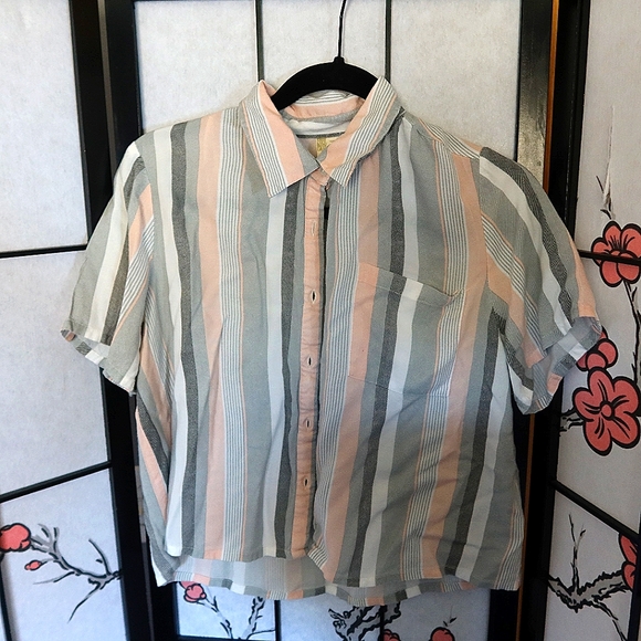 Japna Pink White Grey Striped Button Down Short Sleeve Shirt Size Medium - Picture 1 of 5
